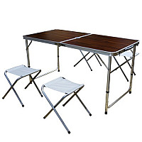 Сгъваема маса за къмпинг MAXIMA, С 4 стола и отвор за чадър, Кафява
