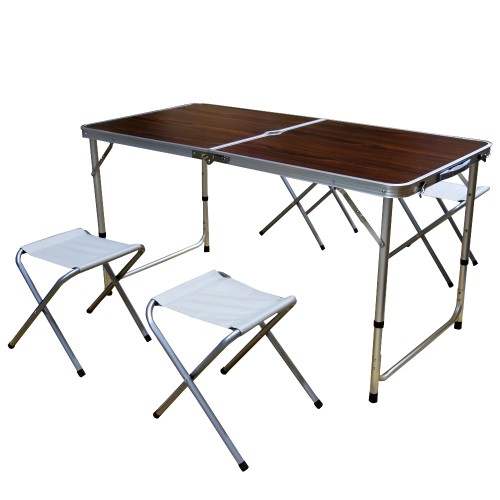 Сгъваема маса за къмпинг MAXIMA, С 4 стола и отвор за чадър, Кафява